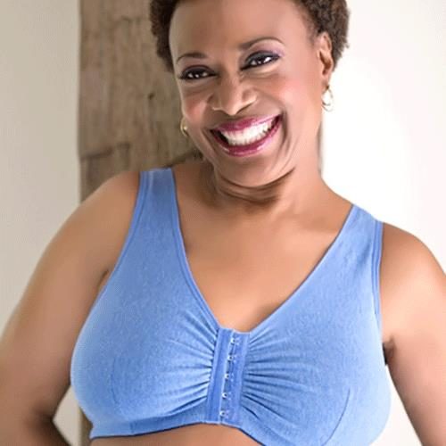 woman in blue front clasp bra