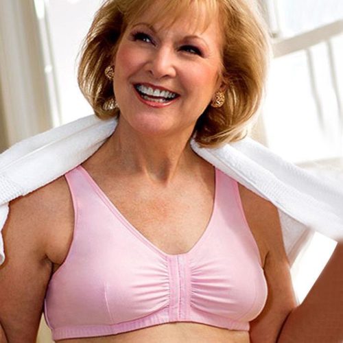 woman in pink front clasp bra