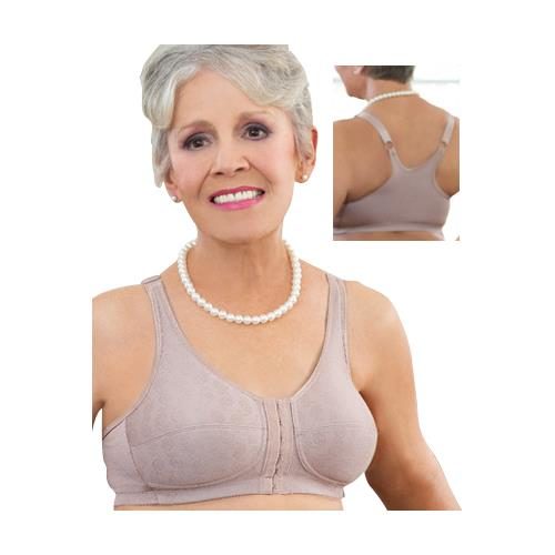 woman in light brown front clasp bra