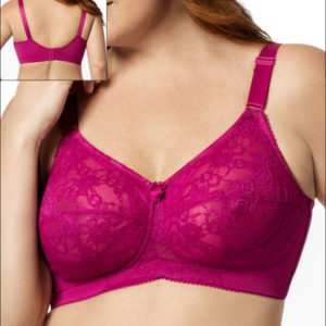 woman wearing hot pink lace bra