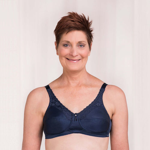 woman wearing dark blue bra with lace detail