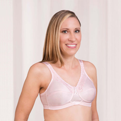 woman wearing pink bra with lace detail