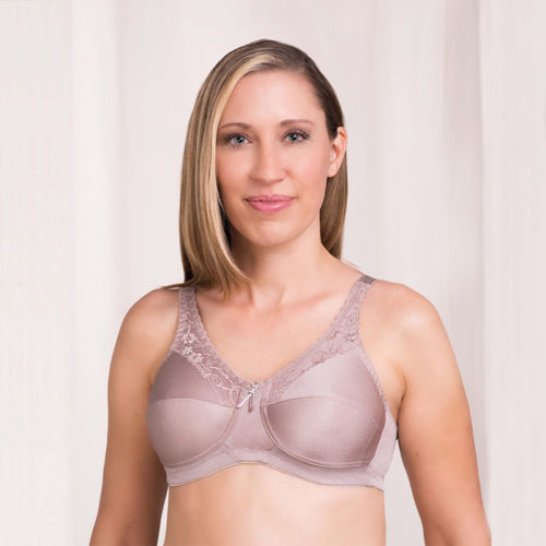 woman wearing light brown bra with lace detail